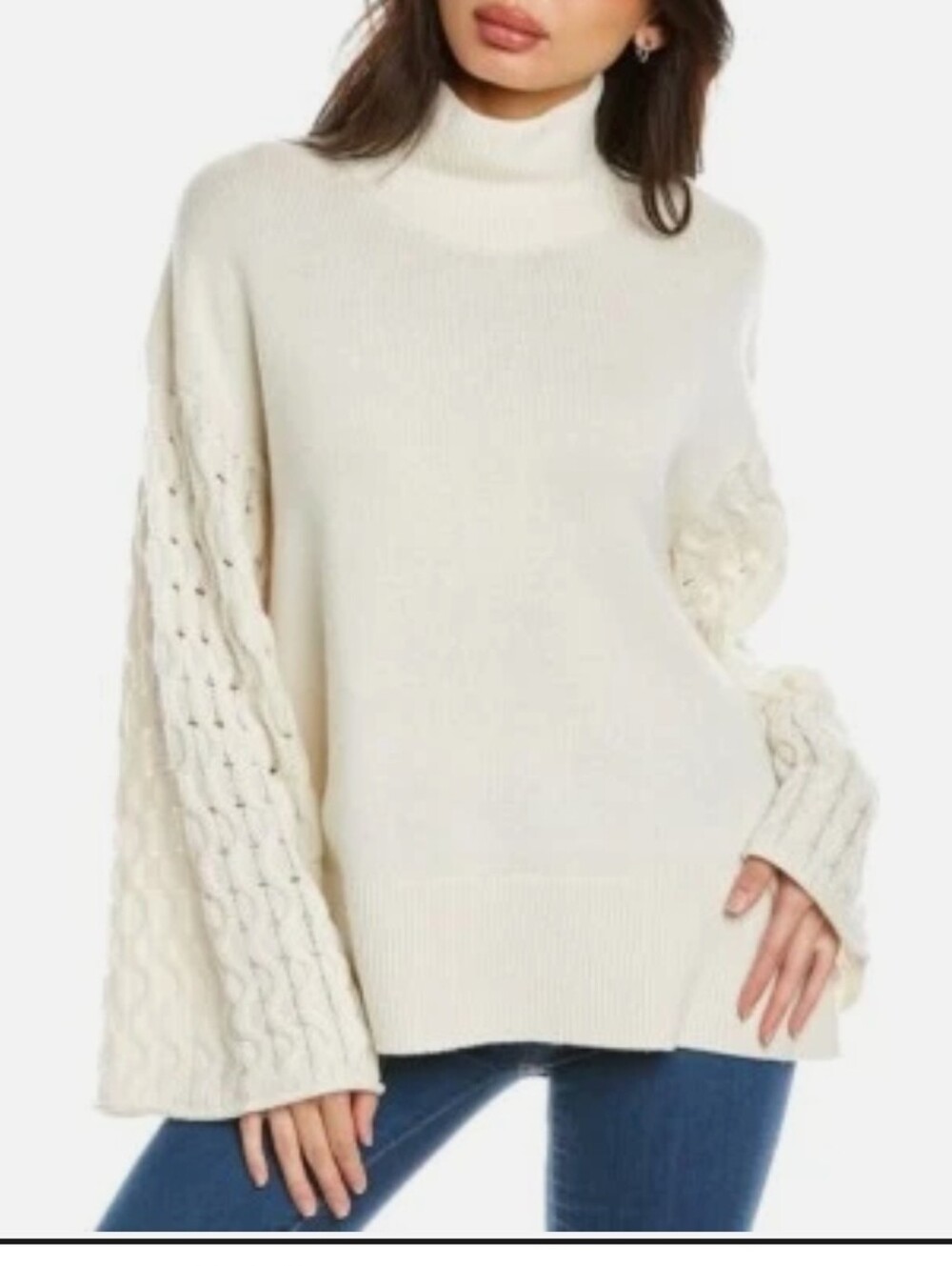 THEORY Women's Ivory Cashmere Kimono Cable Sleeve Mock Neck Sweater Size Small